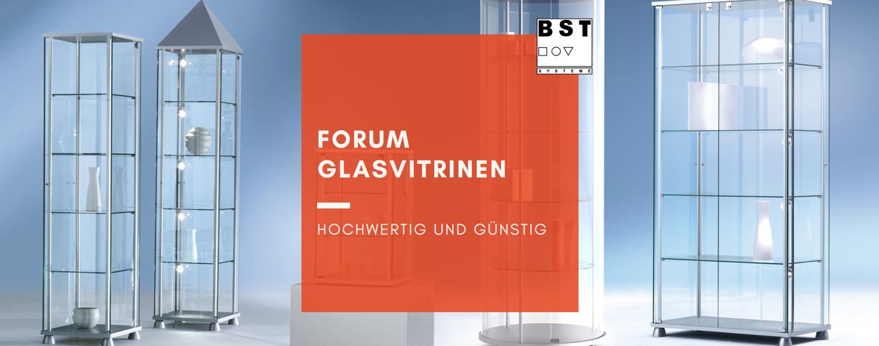 Glasvitrinen, silber mit blau Hintergrund